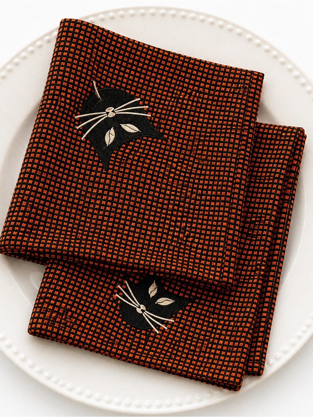 Crate & Barrel Black Cat Halloween Napkins Set of 2 Orange Black Table Decor